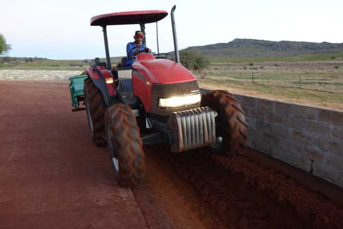 Ein Traktor fährt über den fermentierten Rooibos, um die enthaltene Flüssigkeit gleichmäßig in die Masse einzuarbeiten. Dieser Prozess sorgt dafür, dass der getrocknete Rooibos, insbesondere die kleinen Zweigstückchen (Stokkies), ihre typische rote Farbe entwickeln.