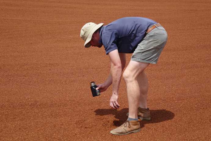 Johan stands on the Tea Court, where the dried Rooibos is spread out. He bends down to fill a container with Rooibos, which is used to measure the residual moisture. If the moisture content falls below 8.5%, the Rooibos is collected with a sweeping machine and packed into bulk bags.