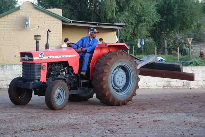 A tractor with a 4-meter-wide board mounted across the rear. It pushes the fully fermented Rooibos, which was previously heaped at the edge, toward the center of the Tea Court.